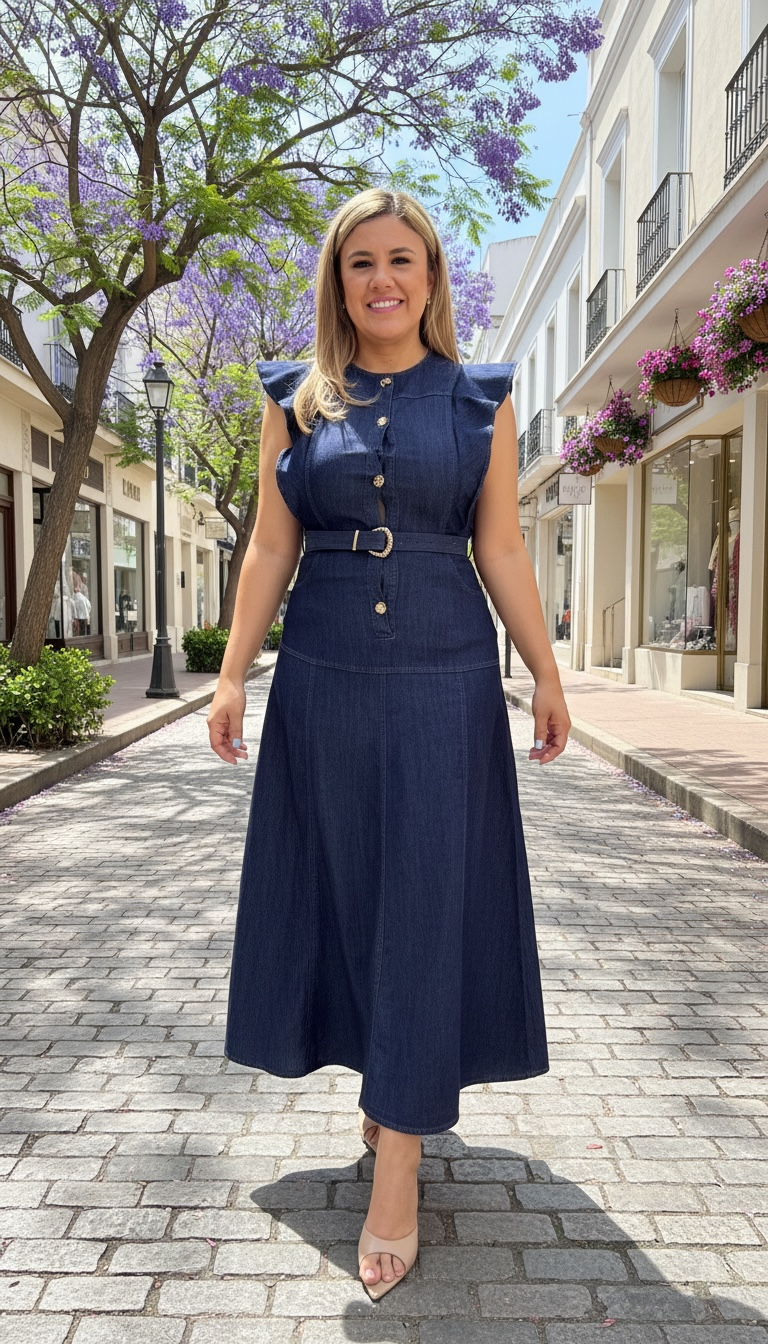 Vestido de Mezclilla Color Indigo con Botones Dorados con Cinto